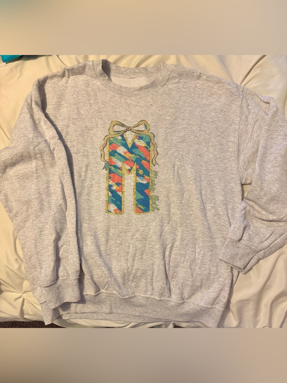 Mary Beth!! Gray Crewneck Sweatshirt with Colorful M Graphic